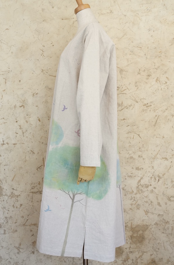 鳥と木　長袖ゆるワンピ　中